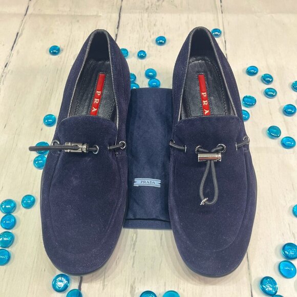 Prada Calzature Donna Blue Suede Toggle Vintage Driving Shoes #3D5244 Sz: 37 - Picture 1 of 10